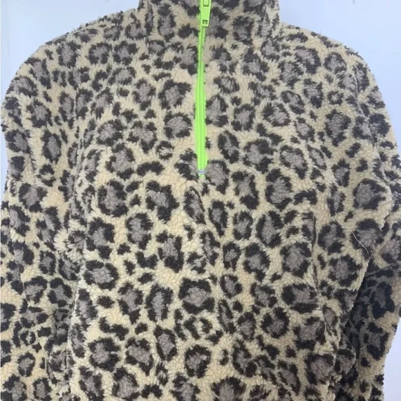Urban Outfitters Fleece Crop Jumper Brown Beige Mix Leopard Print Neon Zip - Picture 5 of 14